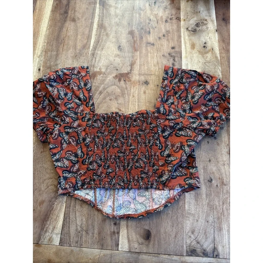 O.L.M. Butterfly Crop Top Sz MSmocked Y2K Corset Boho Orange/Rust Festival Fairy